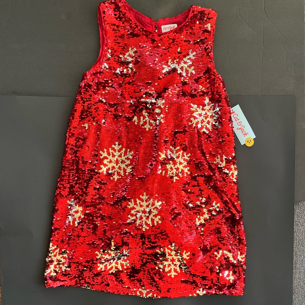 Cat & Jack Red and Gold Sequin Snowflake Holiday Dress ❄️